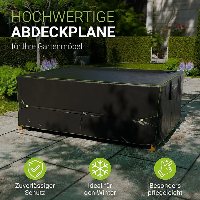 Juskys Loungemöbel-Schutzhülle CoverSafe - L x B x H: 250 x 210 x 90 cm, Material: 420D Oxford-Gewebe (100 g\m2), PU-Beschichtung, 100 g/m², Schwarz - Schwarze Gartenmöbelabdeckplane mit grünen Nähten, schützt Gartenmöbel auf einer Terrasse.