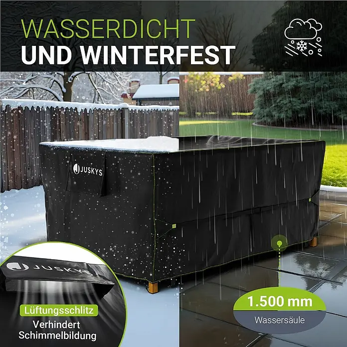 Juskys Loungemöbel-Schutzhülle CoverSafe - L x B x H: 118 x 120 x 75 cm, Material: 420D Oxford-Gewebe (100 g\m2), PU-Beschichtung, 100 g/m², Schwarz - Schwarze wasserdichte und winterfeste Gartenmöbelabdeckung mit Lüftung, schützt vor Regen und Schnee.