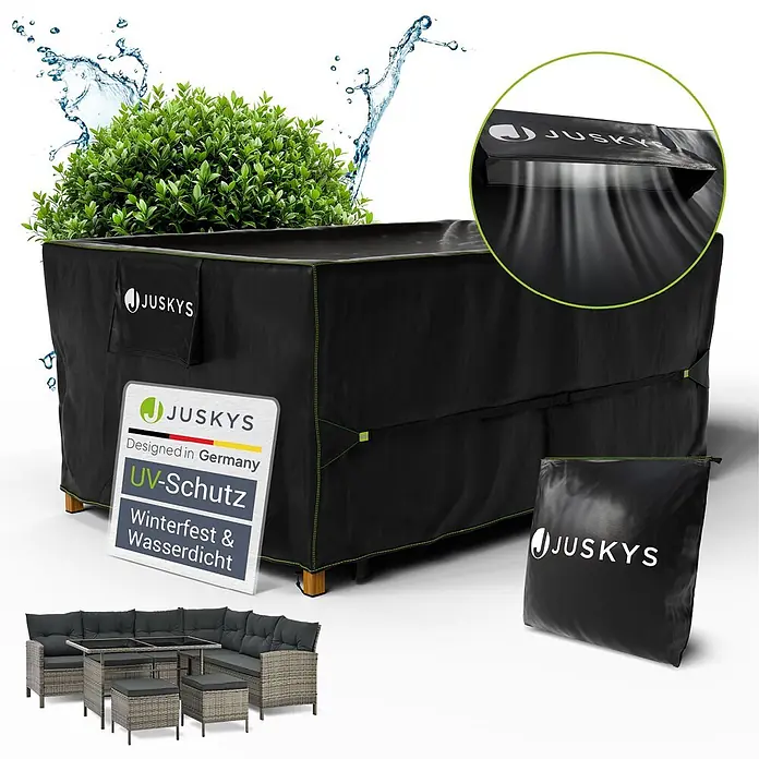 Juskys Loungemöbel-Schutzhülle CoverSafe - L x B x H: 118 x 120 x 75 cm, Material: 420D Oxford-Gewebe (100 g\m2), PU-Beschichtung, 100 g/m², Schwarz - Schwarze, winterfeste, wasserdichte Schutzhülle für Gartenmöbel mit Belüftung und UV-Schutz.