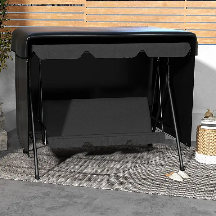 Outsunny Hollywoodschaukel-Schutzhülle - L x B x H: 215 x 155 x 150 cm, Polyethylen, 100 g/m², Schwarz - Schwarze Hollywoodschaukel mit Hardtop und Stoffverkleidung auf einem Terrassenteppich.