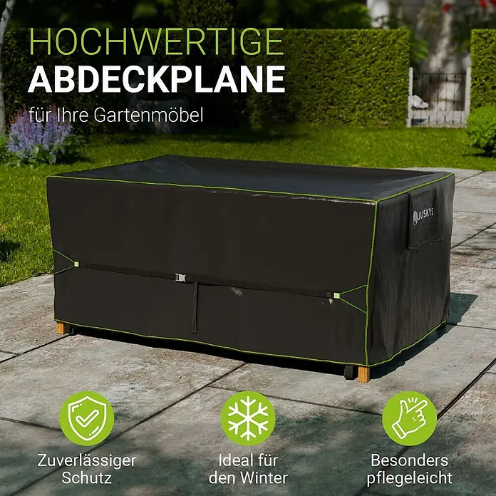 Juskys Loungemöbel-Schutzhülle CoverSafe - L x B x H: 118 x 120 x 75 cm, Material: 420D Oxford-Gewebe (100 g\m2), PU-Beschichtung, 100 g/m², Schwarz - Schwarze Gartenmöbel-Abdeckplane mit grünen Nähten, schützt Außenmöbel im Garten.