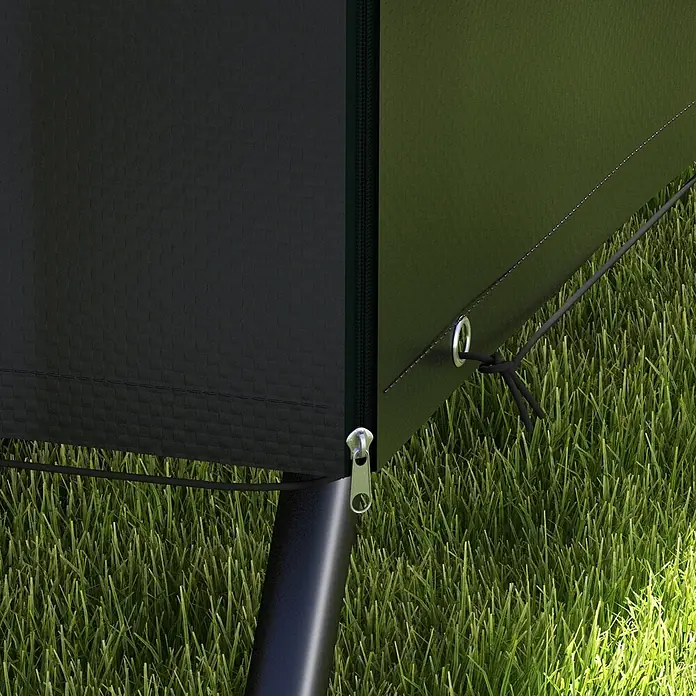 Outsunny Hollywoodschaukel-Schutzhülle - L x B x H: 215 x 155 x 150 cm, Polyethylen, 100 g/m², Schwarz - Dunkelgrüner Zeltstoff mit Reißverschluss, Metallöse und Seil, von einer schwarzen Stange gestützt, im Gras.