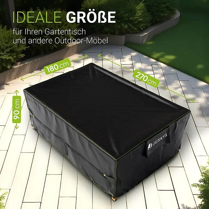 Juskys Loungemöbel-Schutzhülle CoverSafe - L x B x H: 270 x 180 x 90 cm, Material: 420D Oxford-Gewebe (100 g\m2), PU-Beschichtung, 100 g/m², schwarz - Schwarze JUSKYS Outdoor-Möbelabdeckung mit grünen Nähten, 270x180x90 cm, schützt Gartenmöbel.