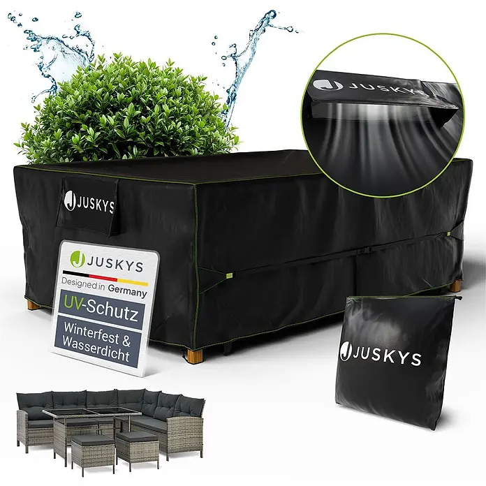 Juskys Loungemöbel-Schutzhülle CoverSafe - L x B x H: 270 x 180 x 90 cm, Material: 420D Oxford-Gewebe (100 g\m2), PU-Beschichtung, 100 g/m², schwarz - Schwarze Gartenmöbelabdeckung mit grünen Nähten, schützt eine Sitzgruppe. Mit UV-, Winter- und Wasserschutz sowie Belüftung.