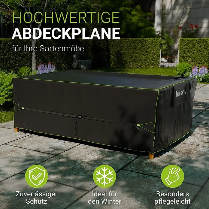Juskys Loungemöbel-Schutzhülle CoverSafe - L x B x H: 270 x 180 x 90 cm, Material: 420D Oxford-Gewebe (100 g\m2), PU-Beschichtung, 100 g/m², schwarz - Schwarze Gartenmöbelabdeckung mit grünem Rand schützt Outdoor-Möbel auf einer Terrasse.
