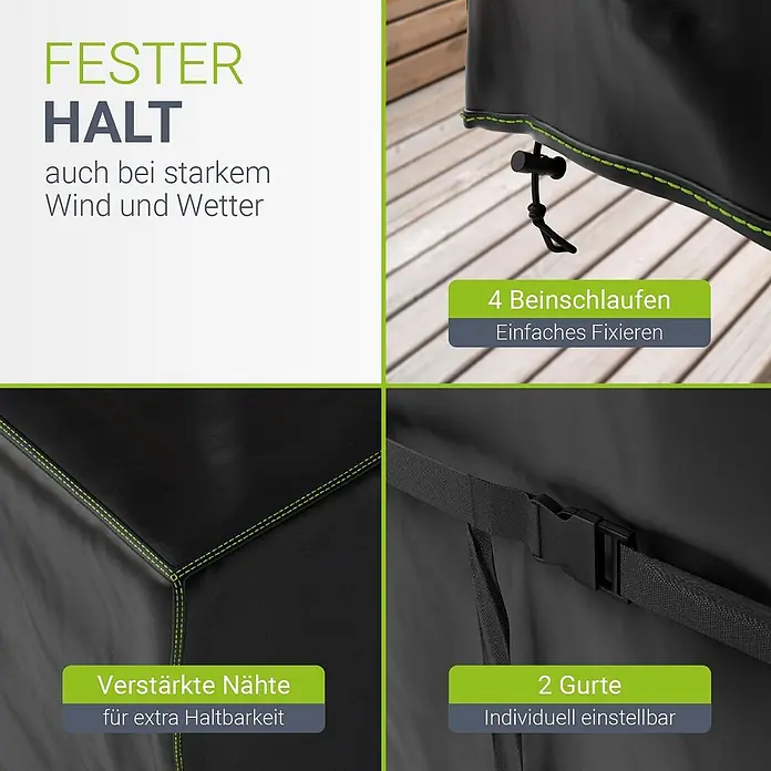 Juskys Loungemöbel-Schutzhülle CoverSafe - L x B x H: 270 x 180 x 90 cm, Material: 420D Oxford-Gewebe (100 g\m2), PU-Beschichtung, 100 g/m², schwarz - Schwarze Schutzhülle mit verstärkten Nähten, Beinschlaufen und verstellbaren Gurten für sicheren Außenbereich.