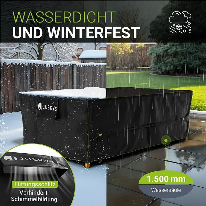 Juskys Loungemöbel-Schutzhülle CoverSafe - L x B x H: 270 x 180 x 90 cm, Material: 420D Oxford-Gewebe (100 g\m2), PU-Beschichtung, 100 g/m², schwarz - Schwarze wasserdichte und winterfeste Schutzhülle für Gartenmöbel mit grünen Nähten, im Schnee und Regen.