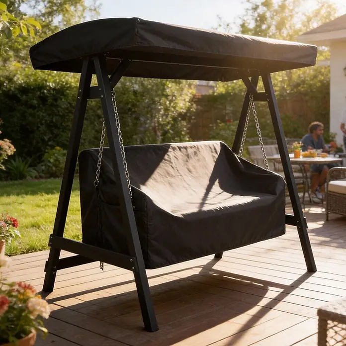 Outsunny Hollywoodschaukel-Schutzhülle - Oxford-Stoff, 426 g/m², Schwarz - Schwarze Gartenschaukel mit Schutzhülle auf einer Holzterrasse im Garten.