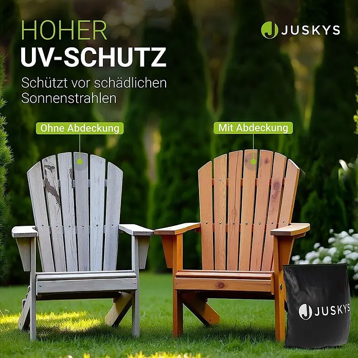 Juskys Loungemöbel-Schutzhülle CoverSafe - L x B x H: 200 x 200 x 90 cm, Material: 420D Oxford-Gewebe (100 g\m2), PU-Beschichtung, 100 g/m², Schwarz - Zwei Adirondack-Stühle im Garten: einer verwittert (ungeschützt), einer neu (mit JUSKYS-Abdeckung), demonstriert UV-Schutz.