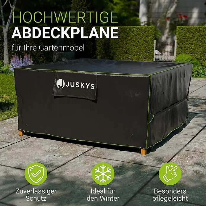 Juskys Loungemöbel-Schutzhülle CoverSafe - L x B x H: 200 x 200 x 90 cm, Material: 420D Oxford-Gewebe (100 g\m2), PU-Beschichtung, 100 g/m², Schwarz - Schwarze JUSKYS Gartenmöbelabdeckung mit grünem Saum, zuverlässiger Schutz auf einer Terrasse.
