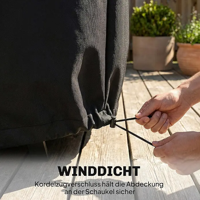 Outsunny Hollywoodschaukel-Schutzhülle - Oxford-Stoff, 426 g/m², Schwarz - Schwarze Schutzhülle mit Kordelzugverschluss, der von Händen festgezogen wird, um die Abdeckung winddicht an Gartenmöbeln zu sichern.