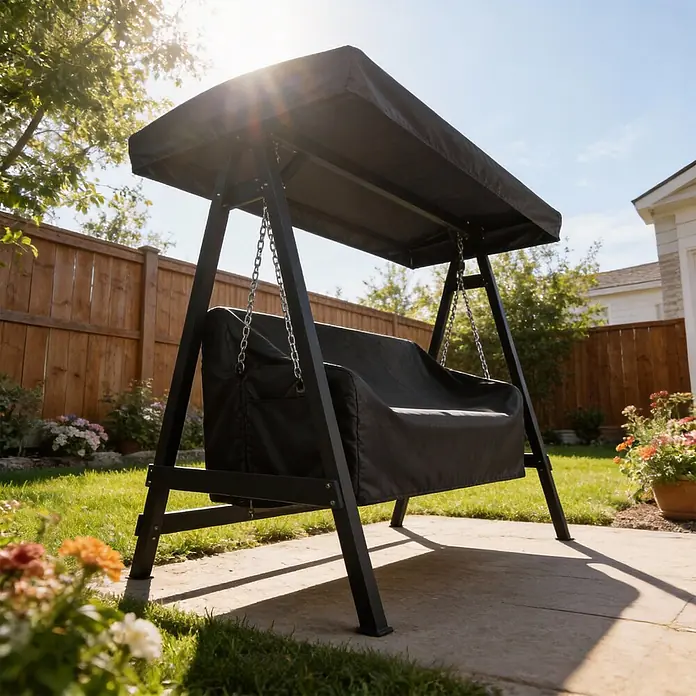 Outsunny Hollywoodschaukel-Schutzhülle - Oxford-Stoff, 426 g/m², Schwarz - Schwarze Hollywoodschaukel mit Dach, geschützt durch eine Abdeckung, steht auf einer Terrasse im Garten.