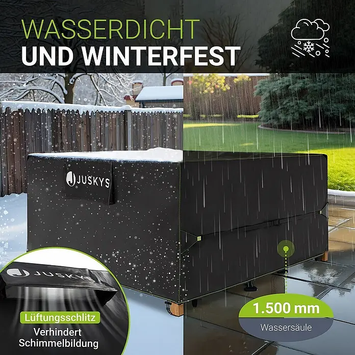 Juskys Loungemöbel-Schutzhülle CoverSafe - L x B x H: 200 x 200 x 90 cm, Material: 420D Oxford-Gewebe (100 g\m2), PU-Beschichtung, 100 g/m², Schwarz - Schwarze JUSKYS Outdoor-Möbelabdeckung schützt vor Schnee und Regen, mit Lüftungsschlitz gegen Schimmelbildung und 1500mm Wassersäule.