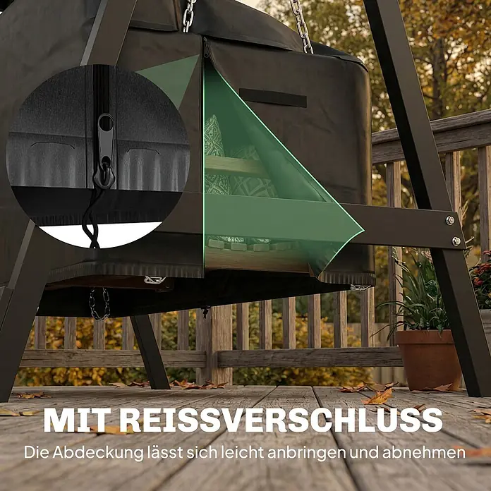 Outsunny Hollywoodschaukel-Schutzhülle - Oxford-Stoff, 426 g/m², Schwarz - Dunkle Gartenmöbelabdeckung mit Reißverschluss, teilweise geöffnet, zeigt Kissen im Inneren.