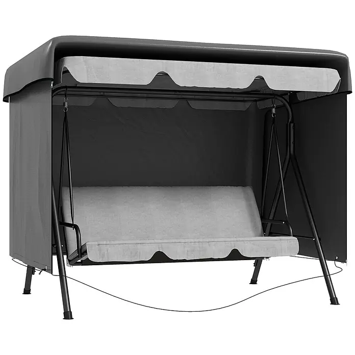 Outsunny Hollywoodschaukel-Schutzhülle - L x B x H: 215 x 155 x 150 cm, Polyethylen, 540 g/m², Dunkelgrau - Dunkelgraue Gartenschaukel mit Seitenwänden, Dach und hellgrauem gepolstertem Sitz.