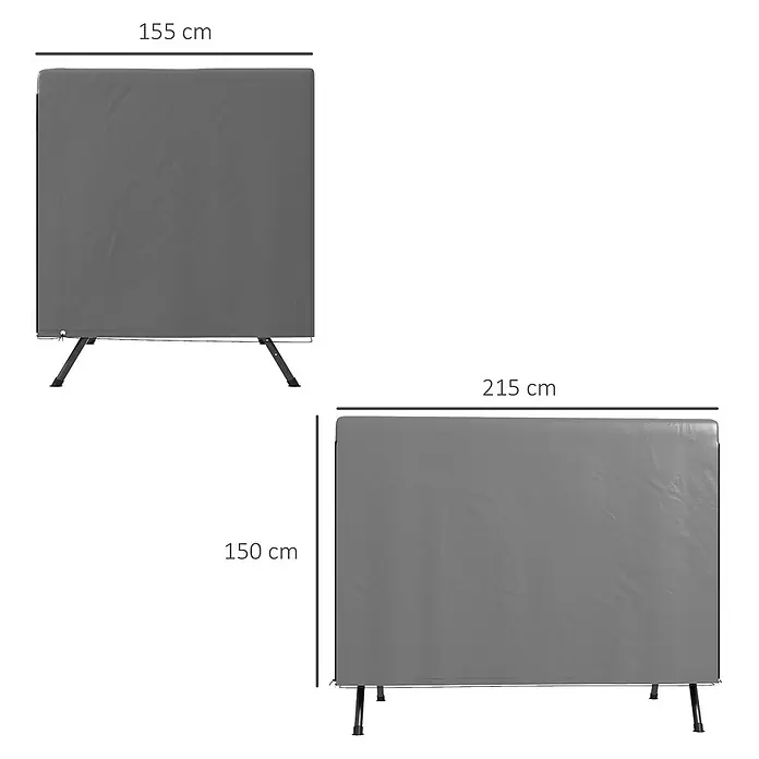 Outsunny Hollywoodschaukel-Schutzhülle - L x B x H: 215 x 155 x 150 cm, Polyethylen, 540 g/m², Dunkelgrau - Grauer Sichtschutz aus Stoff mit Standfüßen, aufrecht und quer gezeigt. Bietet Wind- und Sichtschutz.