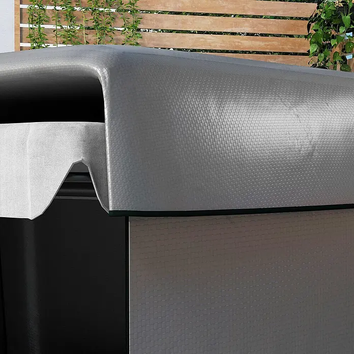 Outsunny Hollywoodschaukel-Schutzhülle - L x B x H: 215 x 155 x 150 cm, Polyethylen, 540 g/m², Dunkelgrau - Graue, texturierte Outdoor-Abdeckung, teilweise geöffnet, mit weißem Innenfutter, im Freien.