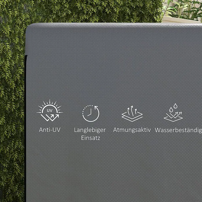 Outsunny Hollywoodschaukel-Schutzhülle - L x B x H: 215 x 155 x 150 cm, Polyethylen, 540 g/m², Dunkelgrau - Dunkelgraue, texturierte Schutzabdeckung mit Symbolen für UV-Schutz, Langlebigkeit, Atmungsaktivität und Wasserbeständigkeit.