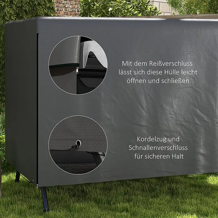 Outsunny Hollywoodschaukel-Schutzhülle - L x B x H: 215 x 155 x 150 cm, Polyethylen, 540 g/m², Dunkelgrau - Dunkelgraue Schutzhülle mit Reißverschluss zum leichten Öffnen und Kordelzug mit Schnalle für sicheren Halt, im Garten über Möbeln.
