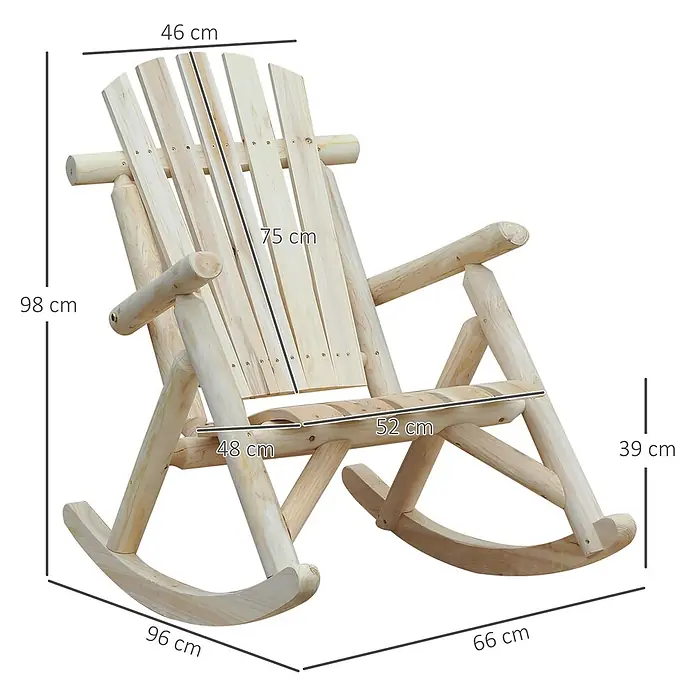 Outsunny Garten-Schaukelstuhl - 1 Stk., Tannenholz, Naturholz - Schaukelstuhl aus hellem Holz mit detaillierten Maßen für Höhe, Breite und Tiefe.