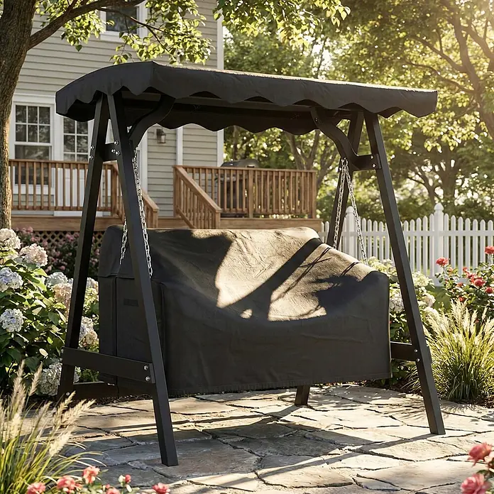 Outsunny Hollywoodschaukel-Schutzhülle - Oxford-Stoff, 463 g/m², Schwarz - Dunkle Gartenschaukel mit Überdachung, mit schwarzer Schutzhülle auf Steinboden im Garten.