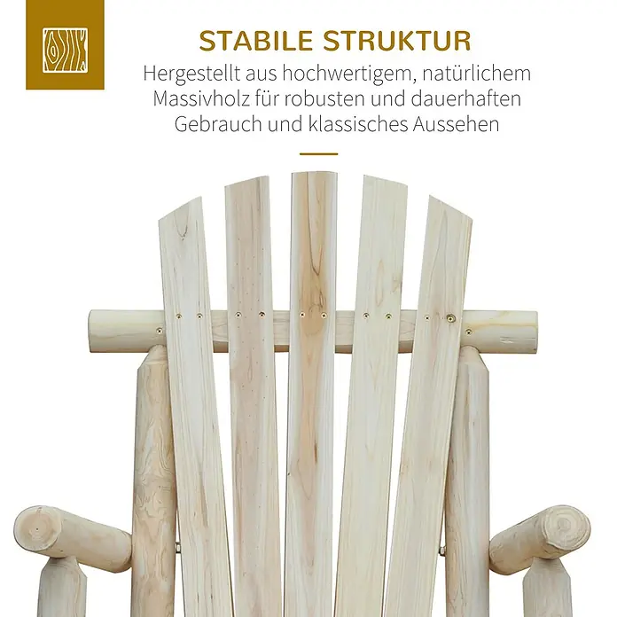Outsunny Garten-Schaukelstuhl - 1 Stk., Tannenholz, Naturholz - Rückenlehne eines hellen Massivholzstuhls mit vertikalen Latten.