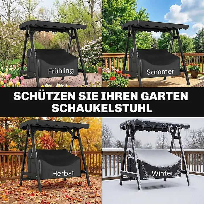 Outsunny Hollywoodschaukel-Schutzhülle - Oxford-Stoff, 463 g/m², Schwarz - Schwarze Schutzhülle für eine Gartenschaukel, im Frühling, Sommer, Herbst und Winter gezeigt, betont den Ganzjahresschutz.