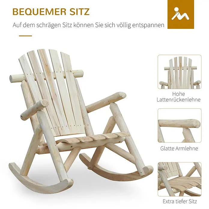 Outsunny Garten-Schaukelstuhl - 1 Stk., Tannenholz, Naturholz - Schaukelstuhl aus Naturholz mit hoher Lattenrückenlehne, glatten Armlehnen und tiefem Sitz für Entspannung.