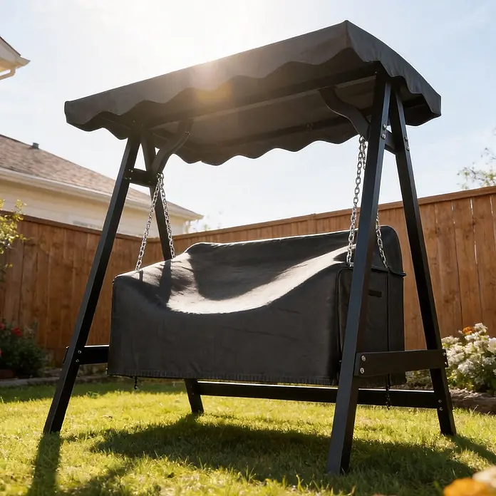 Outsunny Hollywoodschaukel-Schutzhülle - Oxford-Stoff, 463 g/m², Schwarz - Schwarze Metall-Gartenschaukel mit Schutzhülle über Sitz und Dach, in einem sonnigen Garten.