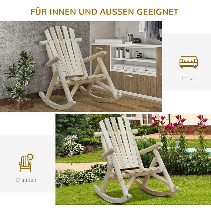 Outsunny Garten-Schaukelstuhl - 1 Stk., Tannenholz, Naturholz - Heller Holzschaukelstuhl für drinnen und draußen, abgebildet in einem Raum und Garten.