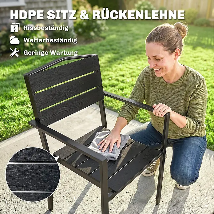 Outsunny Gartenstuhl-Set - 4 Stk., Polyethylen hoher Dichte (HDPE), Stapelbar, Schwarz - Schwarzer Outdoor-Stuhl aus langlebigem, pflegeleichtem HDPE und Metall, wird gereinigt.