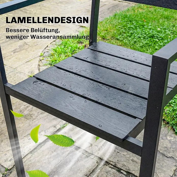 Outsunny Gartenstuhl-Set - 4 Stk., Polyethylen hoher Dichte (HDPE), Stapelbar, Schwarz - Dunkelgraue Outdoor-Stuhlsitzfläche mit Lamellen, Wassertropfen betonen Belüftung und Wasserabfluss.