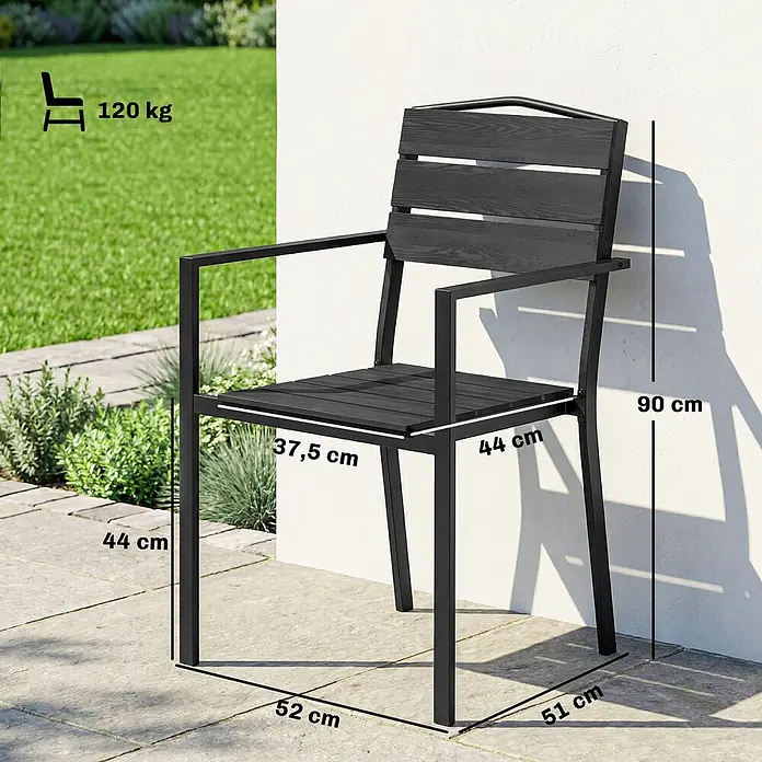 Outsunny Gartenstuhl-Set - 4 Stk., Polyethylen hoher Dichte (HDPE), Stapelbar, Schwarz - Schwarzer Gartenstuhl aus Metall mit Lattenrost. Gesamthöhe 90cm, Sitzhöhe 44cm, max. Belastung 120kg.