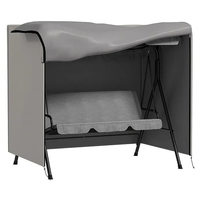 Outsunny Hollywoodschaukel-Schutzhülle - 420D Oxford Gewebe, 1.387 g/m², Hellgrau - Graue Hollywoodschaukel mit Schutzdach und Seitenwänden, schwarzem Metallgestell.