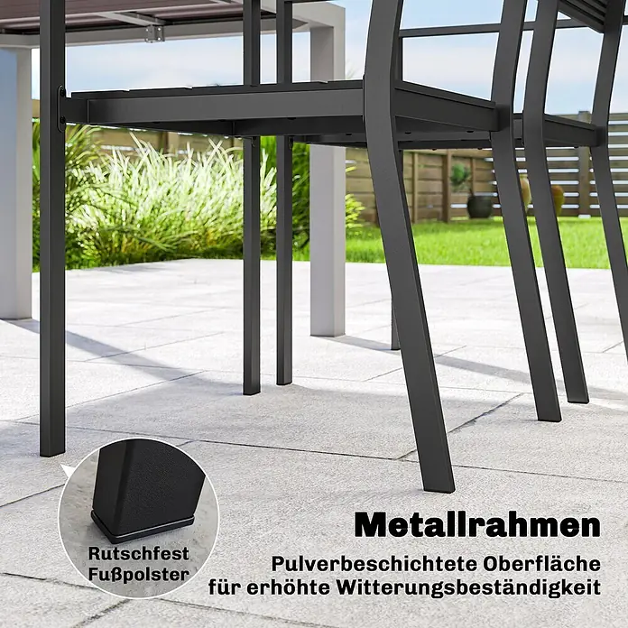 Outsunny Gartenstuhl-Set - 4 Stk., Polyethylen hoher Dichte (HDPE), Stapelbar, Schwarz - Dunkelgraue pulverbeschichtete Metallrahmen eines Gartentisches und von Stühlen mit rutschfesten Fußpolstern, für erhöhte Wetterbeständigkeit.