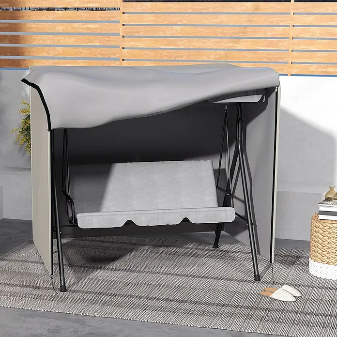 Outsunny Hollywoodschaukel-Schutzhülle - 420D Oxford Gewebe, 1.387 g/m², Hellgrau - Gartenschaukel mit grauer Schutzhülle, teilweise geöffnet, um den Sitz zu zeigen.