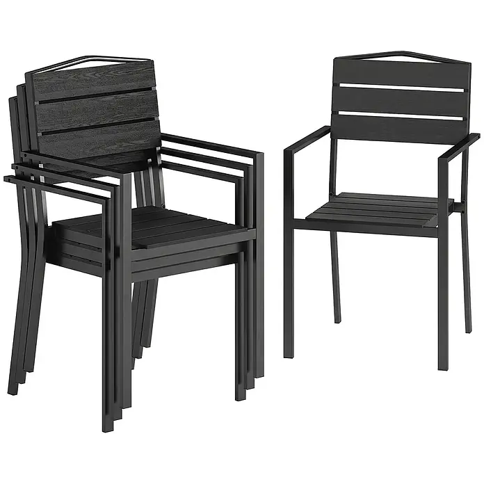 Outsunny Gartenstuhl-Set - 4 Stk., Polyethylen hoher Dichte (HDPE), Stapelbar, Schwarz - Schwarze stapelbare Outdoor-Stühle mit Metallrahmen und Lattenrost-Sitzflächen/-Rückenlehnen.
