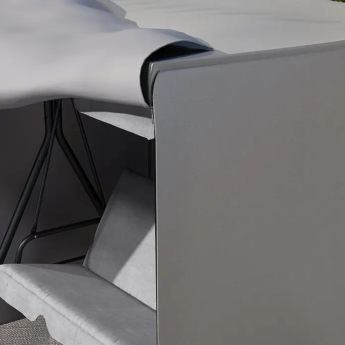 Outsunny Hollywoodschaukel-Schutzhülle - 420D Oxford Gewebe, 1.387 g/m², Hellgrau - Grauer Textil-Outdoor-Schaukelstuhl mit Überdachung, Seitenwänden und Sitzkissen auf schwarzem Metallrahmen.
