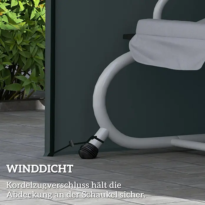 Outsunny Hollywoodschaukel-Schutzhülle - 750 g/m², Grau - Schwarzer Kordelzugverschluss sichert eine hellfarbene Abdeckung am weißen Schaukelgestell für Windschutz im Freien.