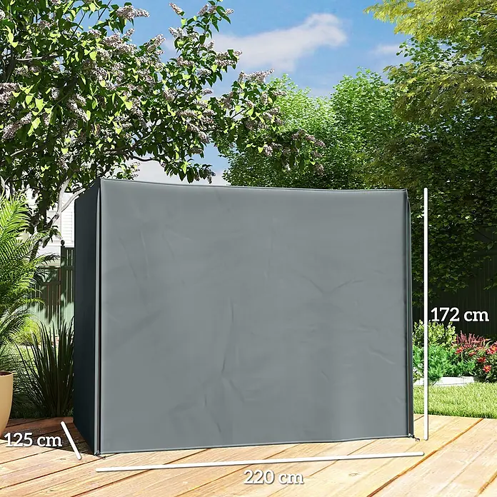 Outsunny Hollywoodschaukel-Schutzhülle - 750 g/m², Grau - Graue Schutzhülle für Gartenmöbel (220x125x172 cm) auf einer Holzterrasse.