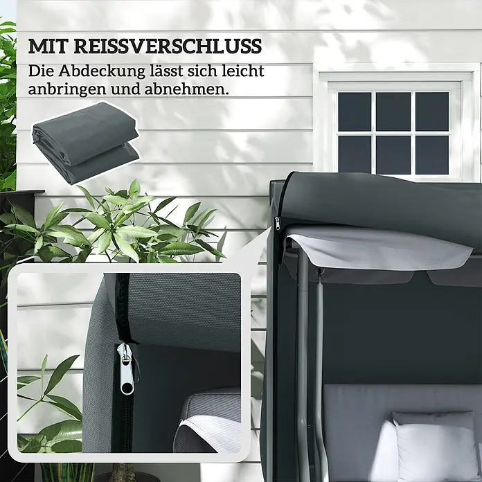 Outsunny Hollywoodschaukel-Schutzhülle - 750 g/m², Grau - Dunkelgraue Outdoor-Möbelabdeckung mit Reißverschluss, auf einer Schaukel und gefaltet. Einfach anzubringen und abzunehmen.