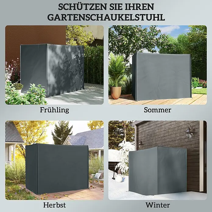 Outsunny Hollywoodschaukel-Schutzhülle - 750 g/m², Grau - Dunkelgraue Schutzhülle für einen Gartenschaukelstuhl, im Freien zu allen vier Jahreszeiten gezeigt.