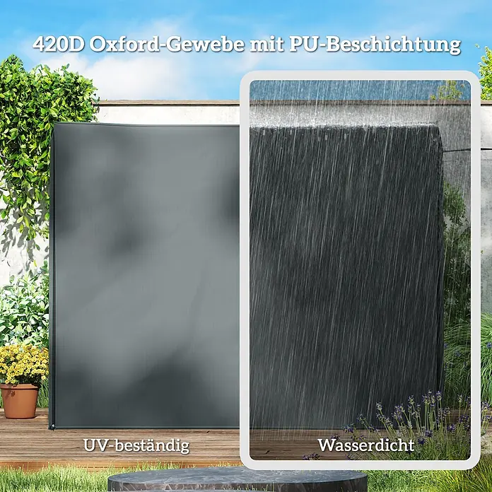 Outsunny Hollywoodschaukel-Schutzhülle - 750 g/m², Grau - Grauer 420D Oxford-Stoffschirm mit PU-Beschichtung, außen gezeigt, hebt UV-Beständigkeit und Wasserdichtigkeit hervor.