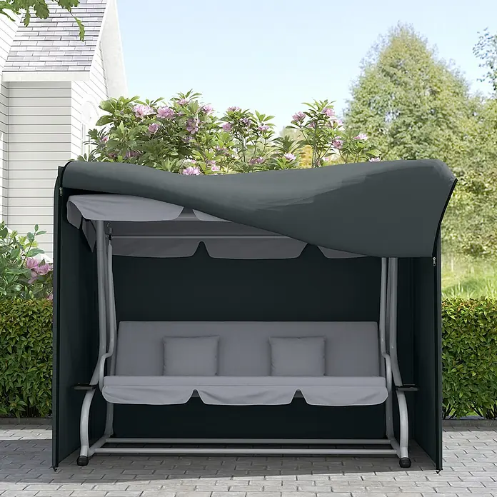 Outsunny Hollywoodschaukel-Schutzhülle - 750 g/m², Grau - Dunkelgrüne Schutzhülle auf einer hellgrauen Gartenschaukel, auf einer Terrasse platziert.