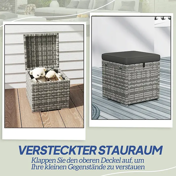 Outsunny Gartenhocker - Dunkelgrau - Graue Rattan-Optik Aufbewahrungsbox mit Deckel, offen mit Spielzeug und geschlossen mit Kissen als Outdoor-Möbel gezeigt.