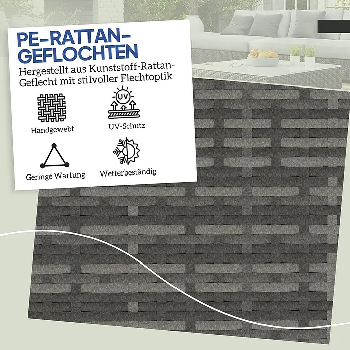 Outsunny Gartenhocker - Dunkelgrau - Infokarte zu PE-Rattan-Eigenschaften wie UV-Schutz, geringer Wartung, wetterbeständig, mit Outdoor-Möbeln.