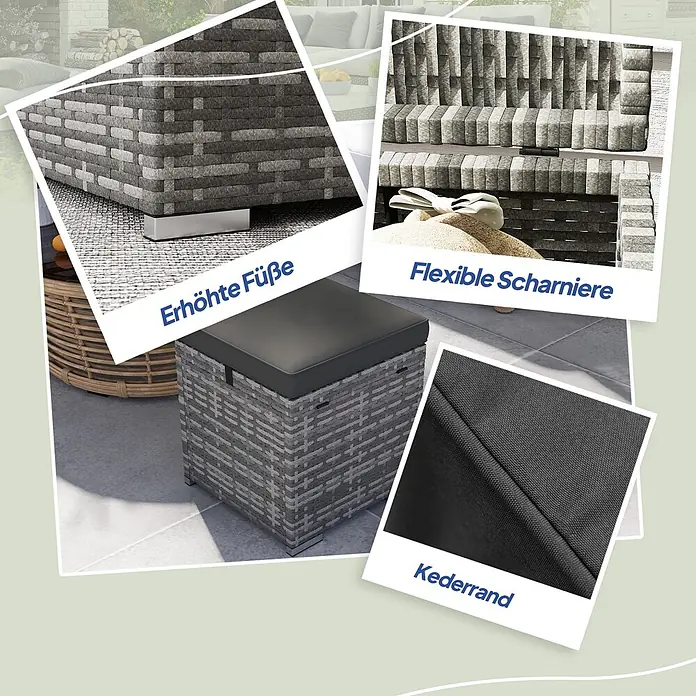 Outsunny Gartenhocker - Dunkelgrau - Graues Rattan-Gartenmöbelset mit hervorstechenden Merkmalen wie erhöhte Füße, flexible Scharniere und Kederkanten.