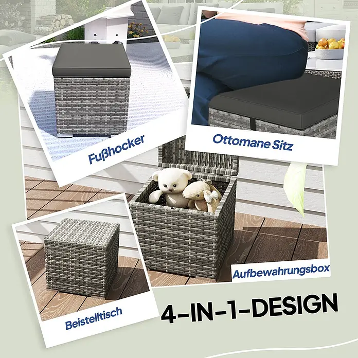 Outsunny Gartenhocker - Dunkelgrau - Grauer Rattan-Hocker als Fußhocker, Sitz, Beistelltisch und Aufbewahrungsbox dargestellt.