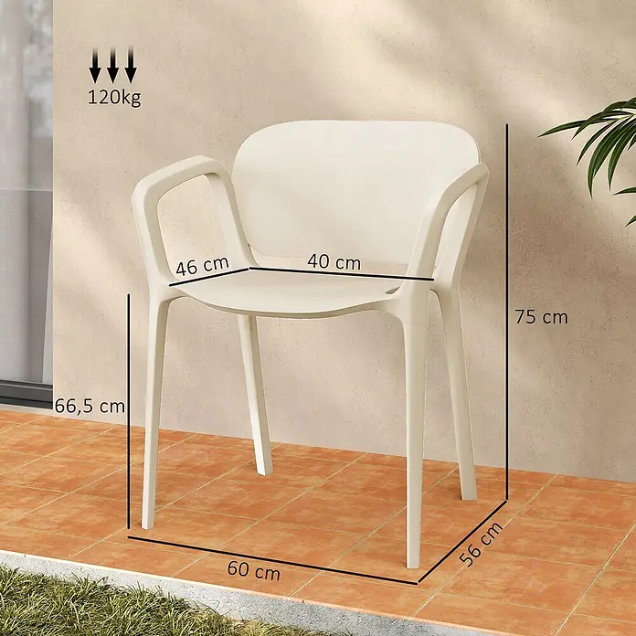 Outsunny Gartenstuhl-Set - 4 Stk., Kunststoff, Stapelbar, Weiß - Cremefarbener Kunststoffstuhl mit Armlehnen, 75 cm H, 60 cm B, 56 cm T. Max. Belastung 120 kg. Ideal für den Außenbereich.