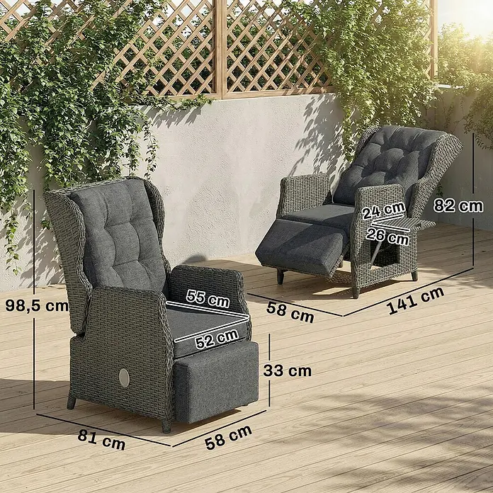 Outsunny Garten-Loungesessel - PE-Rattan, Metall, Kationischer Stoff, Schaumstoff, PP-Baumwolle, Rückenlehne verstellbar, Dunkelgrau, B x T x H: 58 x 55 x 98,5 cm - Zwei graue Rattan-Garten-Liegesessel mit dunkelgrauen Polstern, einer zurückgelehnt, mit Maßen, auf einer Holzterrasse.